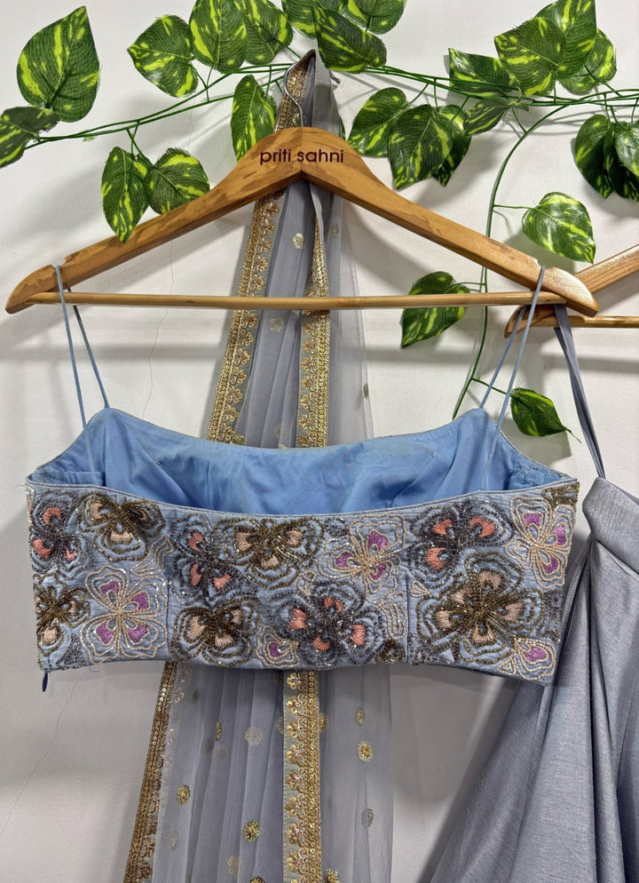Priti Sahni Bluish Grey Raw Silk Lehenga Set With Embroidered BustierFabilicious Fashion