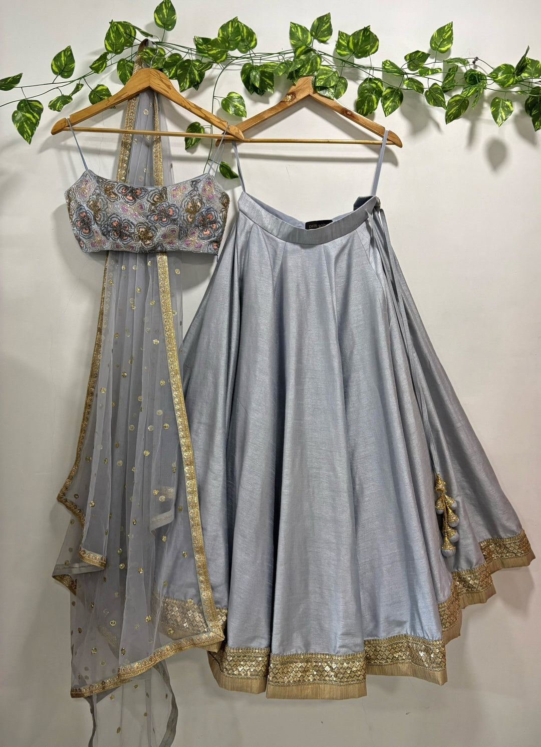 Priti Sahni Bluish Grey Raw Silk Lehenga Set With Embroidered BustierFabilicious Fashion