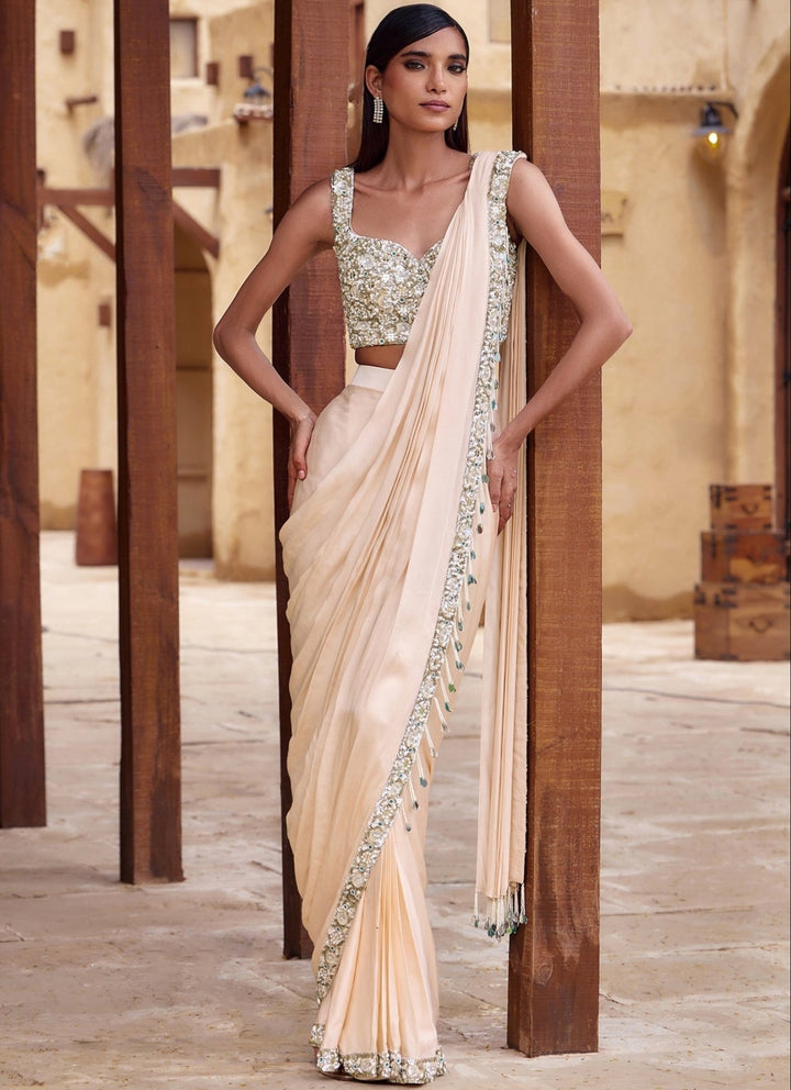 Nidhika Shekhar Blush Champagne Satin Pre-Draped SareeFabilicious Fashion