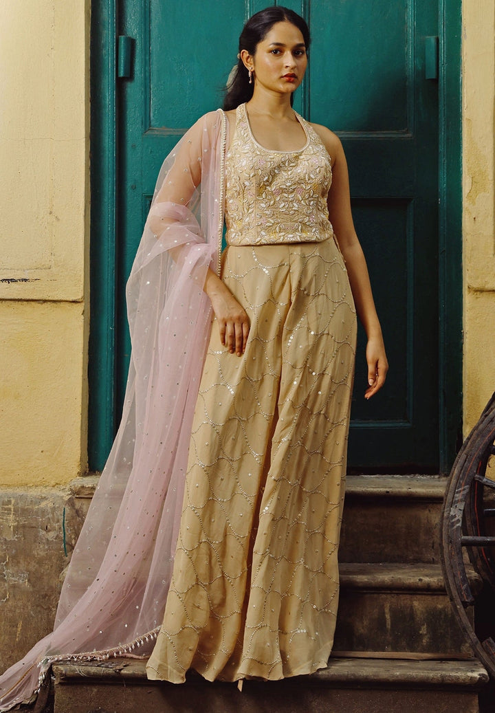 Blush Pink And Beige Blouse Pant Set Chamee and Palak - Fabilicious Fashion