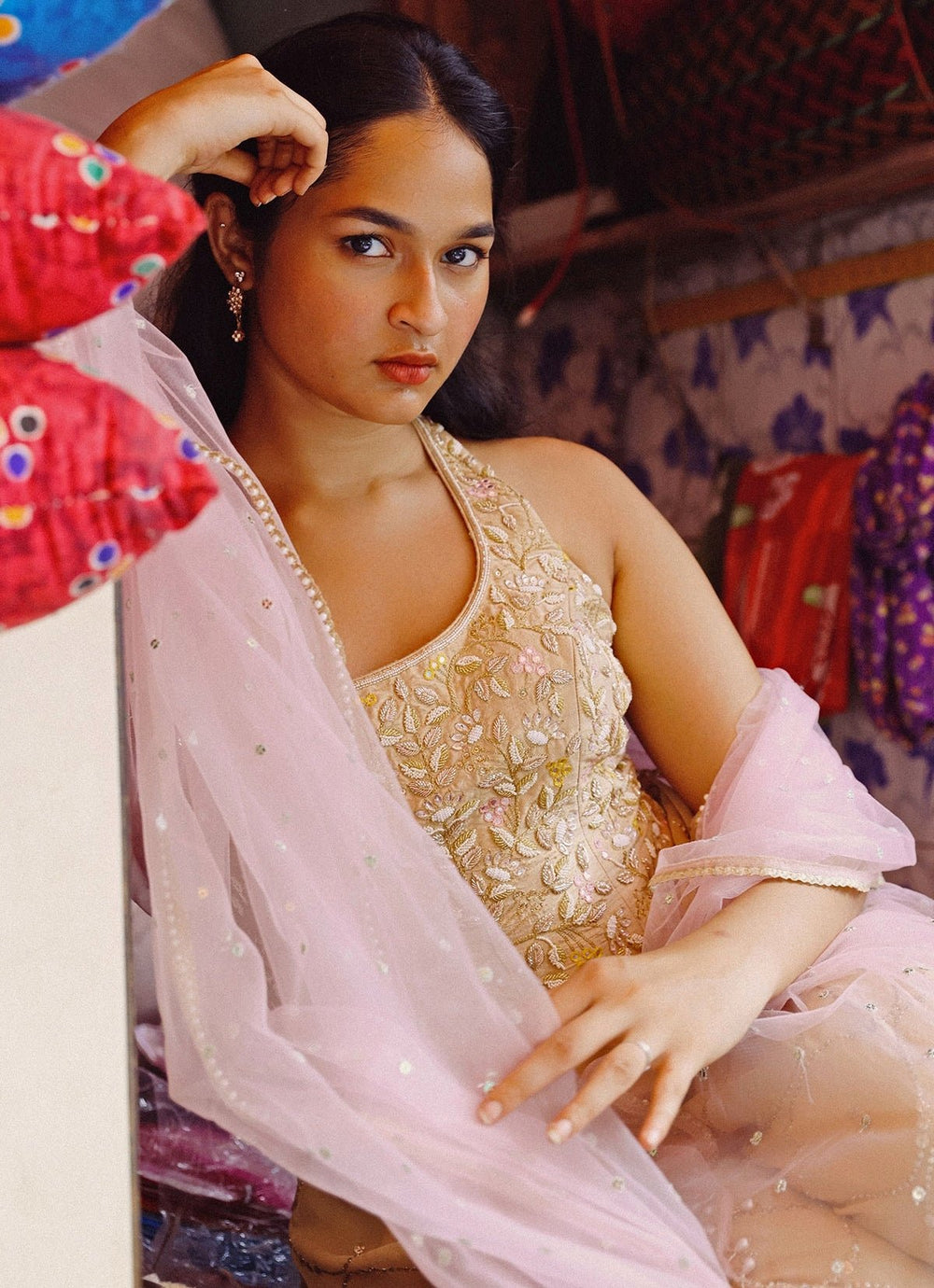 Blush Pink And Beige Blouse Pant Set Chamee and Palak - Fabilicious Fashion