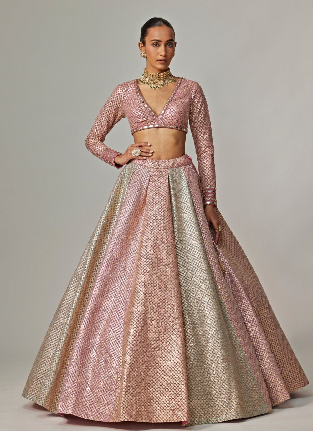 Blush Pink And Blue Pastel Hued Embroidered Lehenga Set Vvani by Vani Vats - Fabilicious Fashion