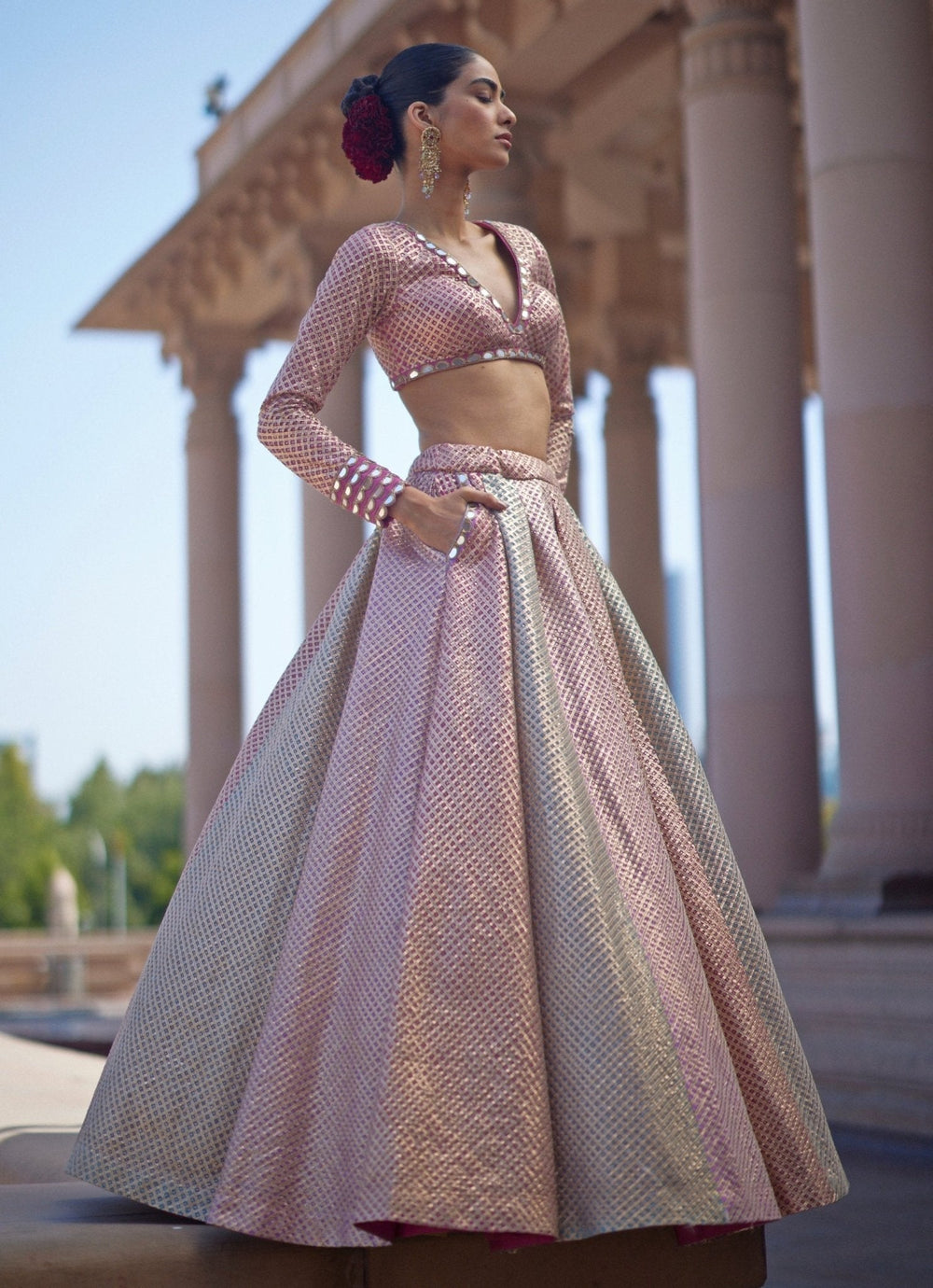 Blush Pink And Blue Pastel Hued Embroidered Lehenga Set Vvani by Vani Vats - Fabilicious Fashion