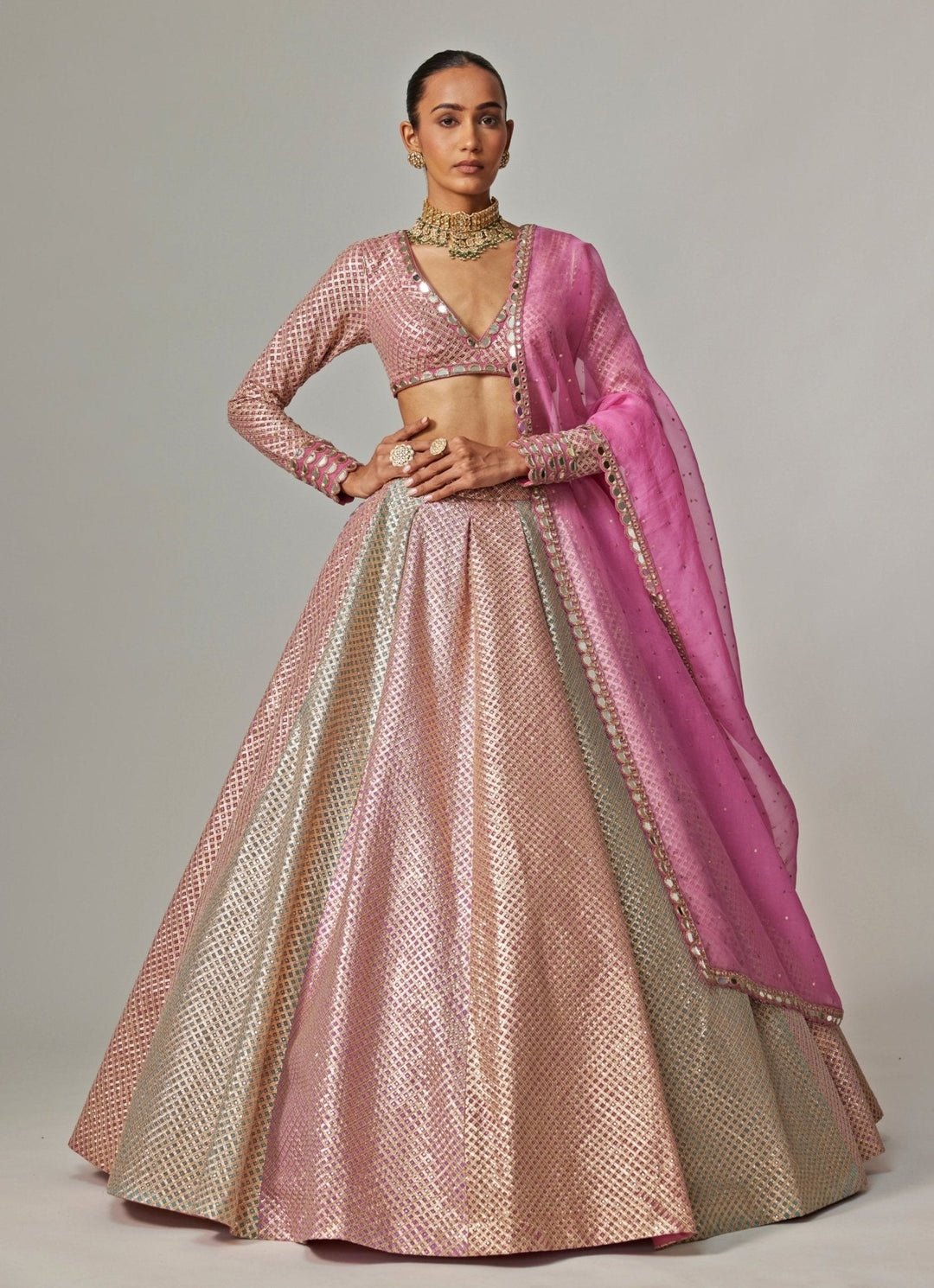 Blush Pink And Blue Pastel Hued Embroidered Lehenga Set Vvani by Vani Vats - Fabilicious Fashion