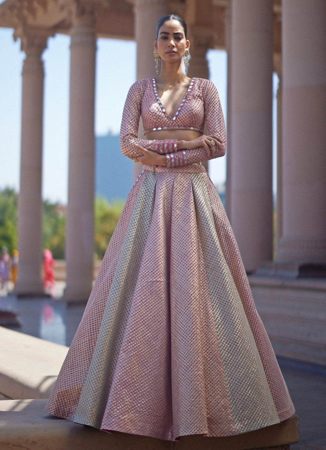 Blush Pink And Blue Pastel Hued Embroidered Lehenga Set Vvani by Vani Vats - Fabilicious Fashion