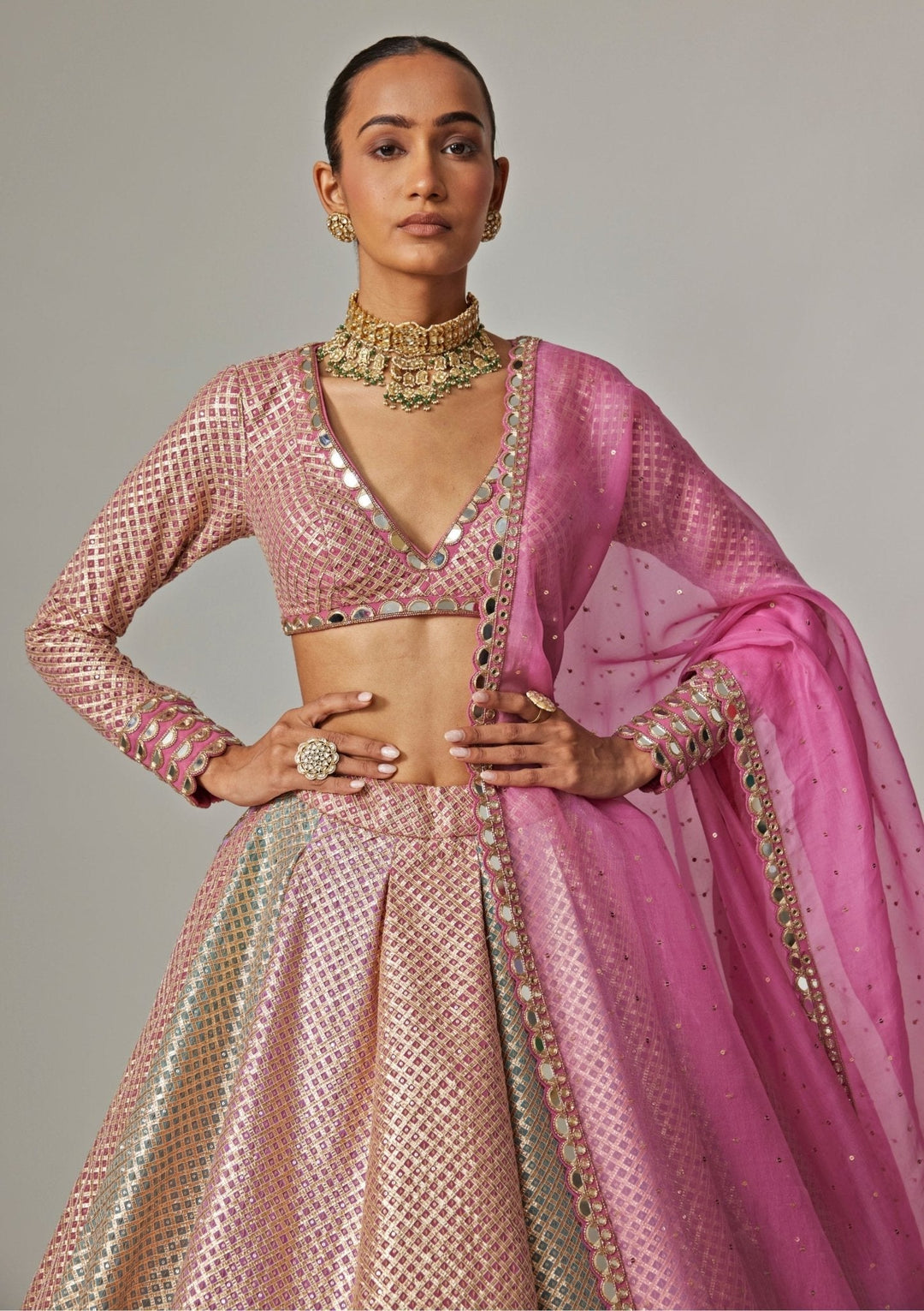 Blush Pink And Blue Pastel Hued Embroidered Lehenga Set Vvani by Vani Vats - Fabilicious Fashion