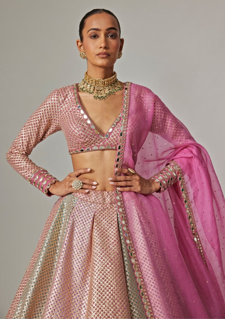 Blush Pink And Blue Pastel Hued Embroidered Lehenga Set Vvani by Vani Vats - Fabilicious Fashion