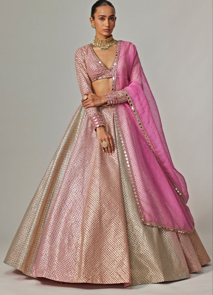 Blush Pink And Blue Pastel Hued Embroidered Lehenga Set Vvani by Vani Vats - Fabilicious Fashion