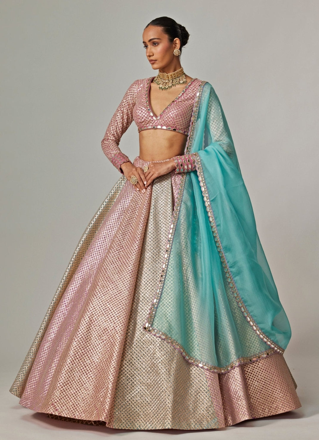 Blush Pink And Blue Pastel Hued Embroidered Lehenga Set Vvani by Vani Vats - Fabilicious Fashion