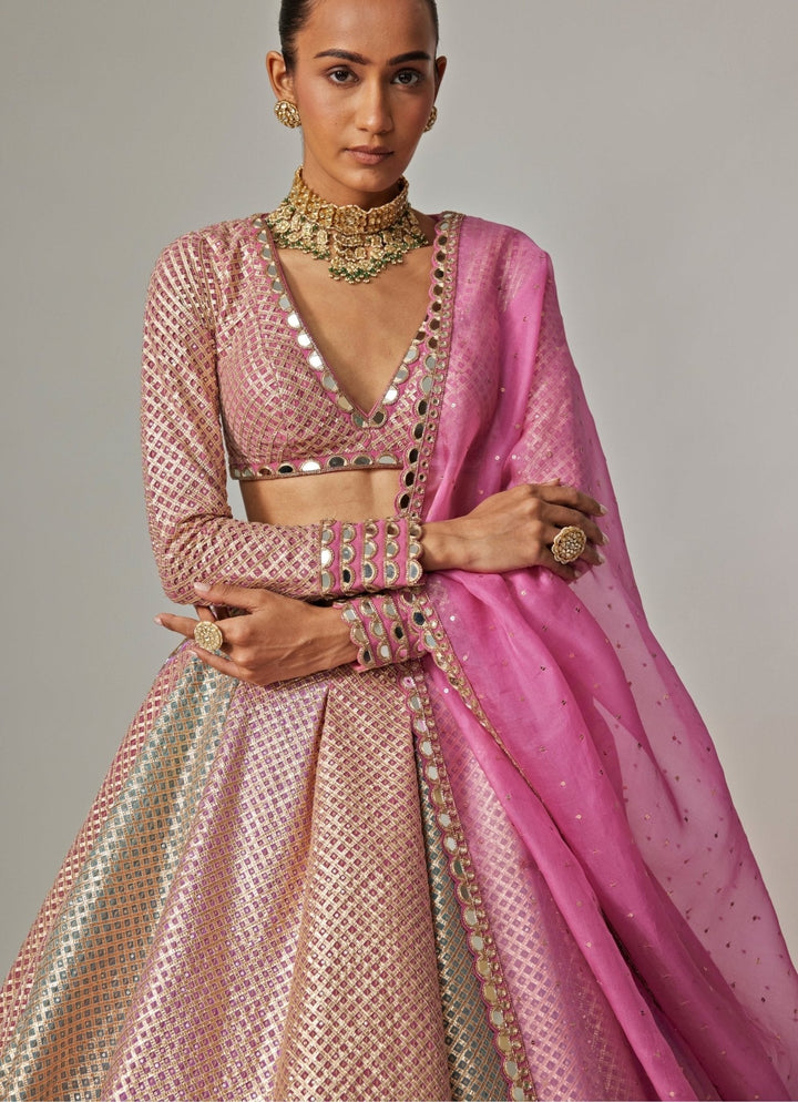 Blush Pink And Blue Pastel Hued Embroidered Lehenga Set Vvani by Vani Vats - Fabilicious Fashion