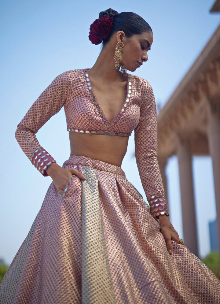 Blush Pink And Blue Pastel Hued Embroidered Lehenga Set Vvani by Vani Vats - Fabilicious Fashion