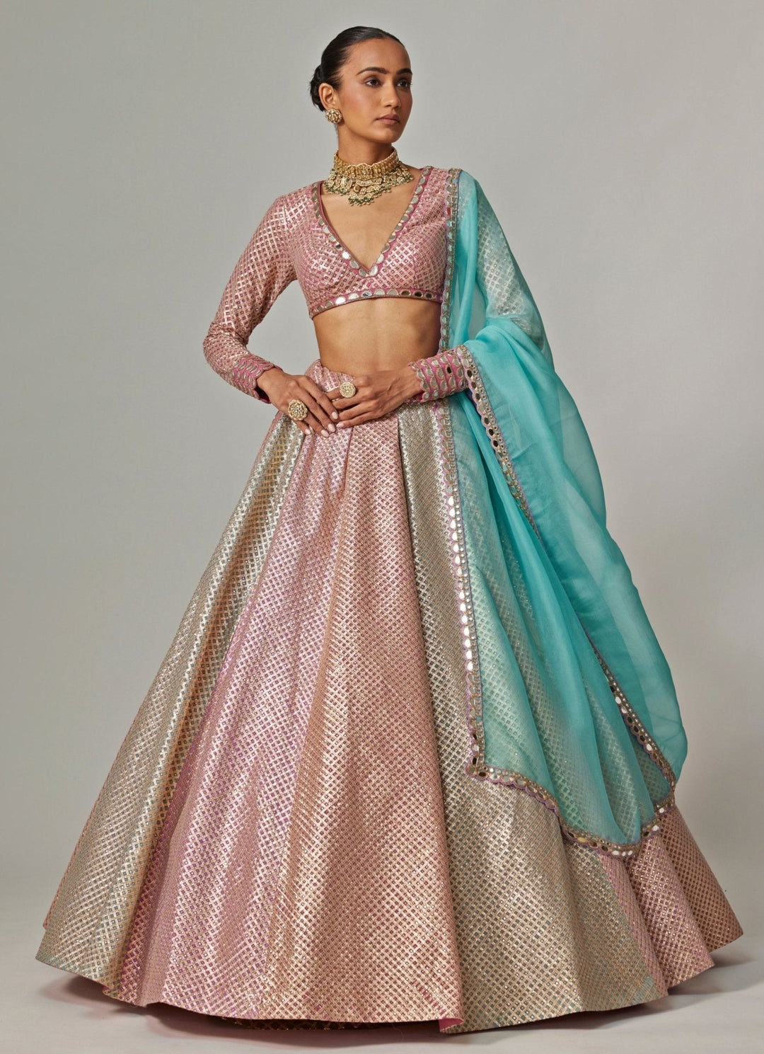 Blush Pink And Blue Pastel Hued Embroidered Lehenga Set Vvani by Vani Vats - Fabilicious Fashion