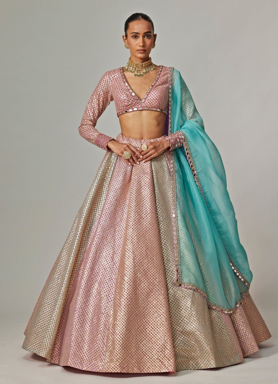Blush Pink And Blue Pastel Hued Embroidered Lehenga Set Vvani by Vani Vats - Fabilicious Fashion