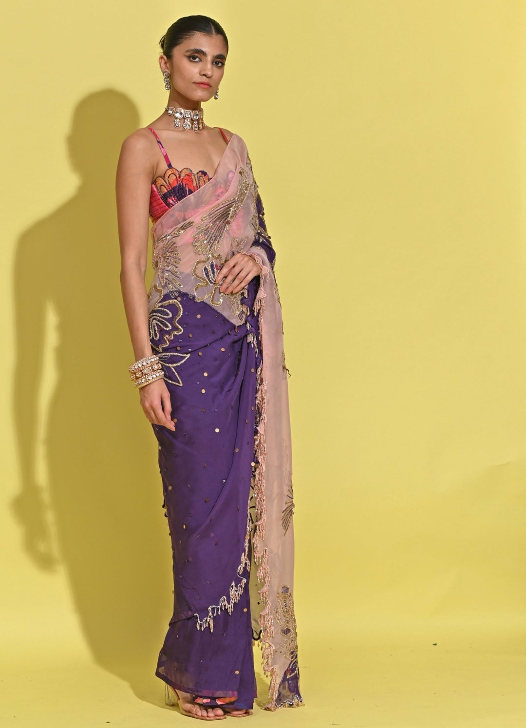 Rishi And Vibhuti Blush Pink And Purple Organza SareeFabilicious Fashion