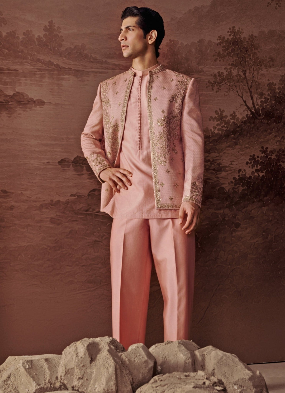 Contrast by Parth Blush Pink Bagalpuri Silk Jacket SetFabilicious Fashion