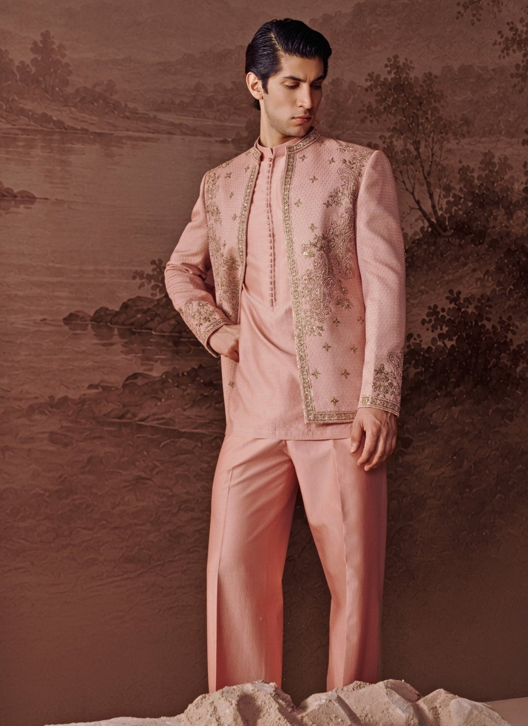 Contrast by Parth Blush Pink Bagalpuri Silk Jacket SetFabilicious Fashion