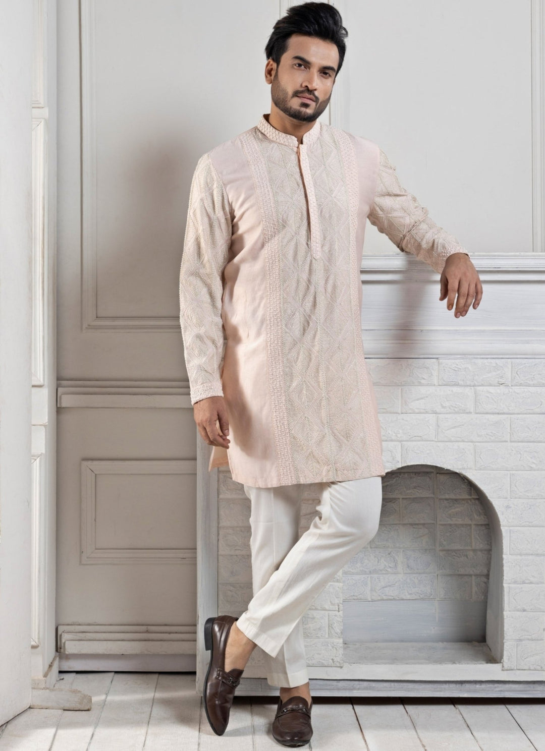 Blush Pink Chanderi Embroidered Kurta Pants Set Smriti Men