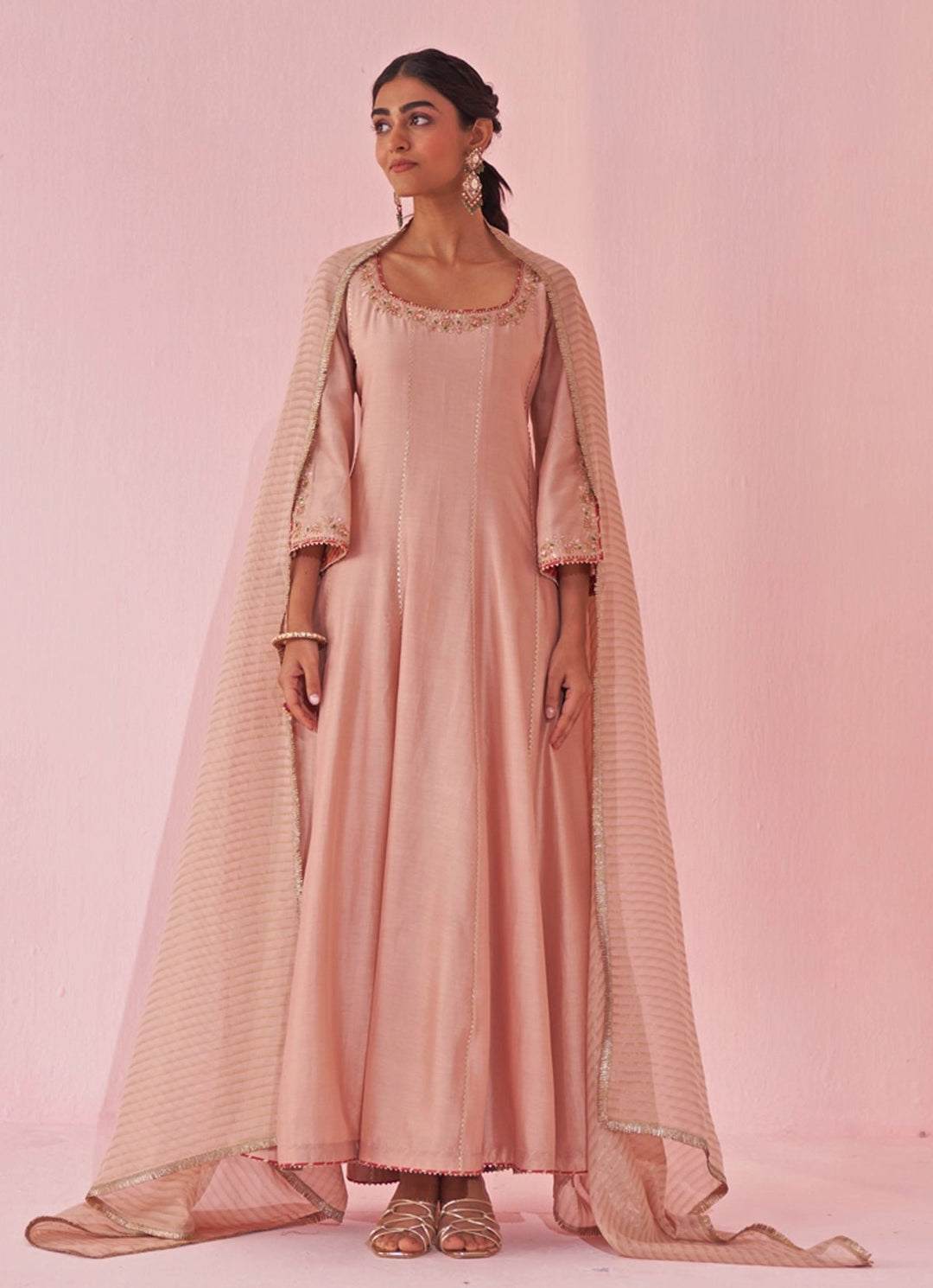 Blush Pink Chanderi Silk Embroidered Anarkali Pants Set Studio Bagechaa - Fabilicious Fashion
