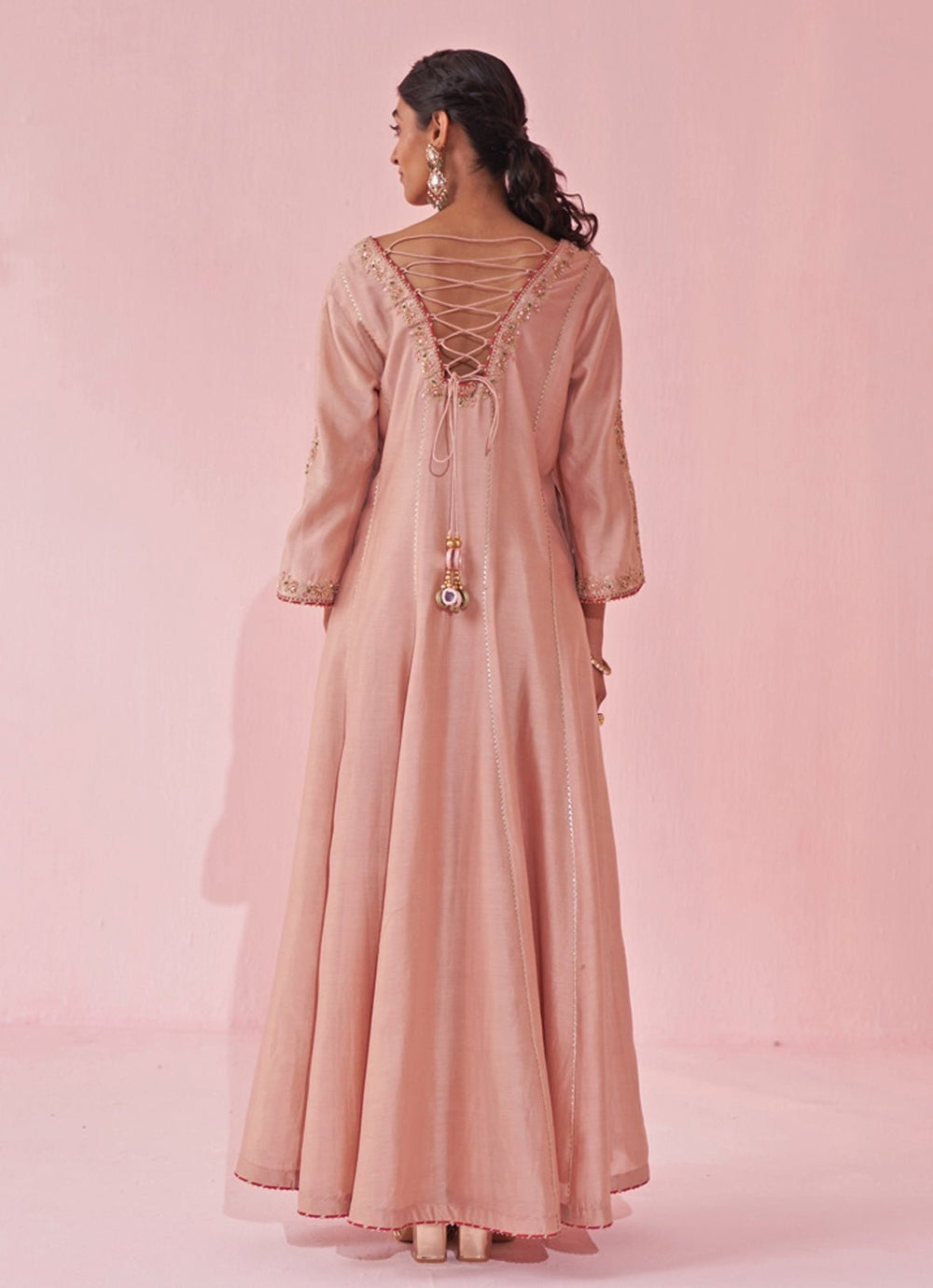 Blush Pink Chanderi Silk Embroidered Anarkali Pants Set Studio Bagechaa - Fabilicious Fashion