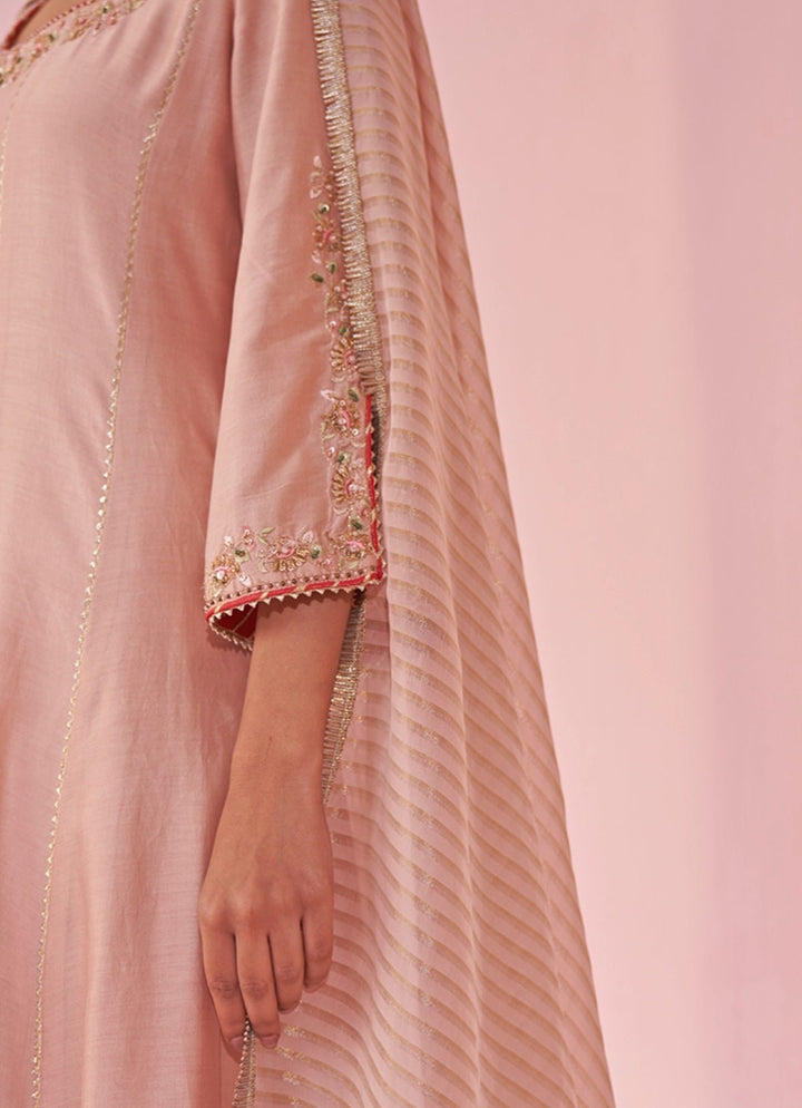 Blush Pink Chanderi Silk Embroidered Anarkali Pants Set Studio Bagechaa - Fabilicious Fashion