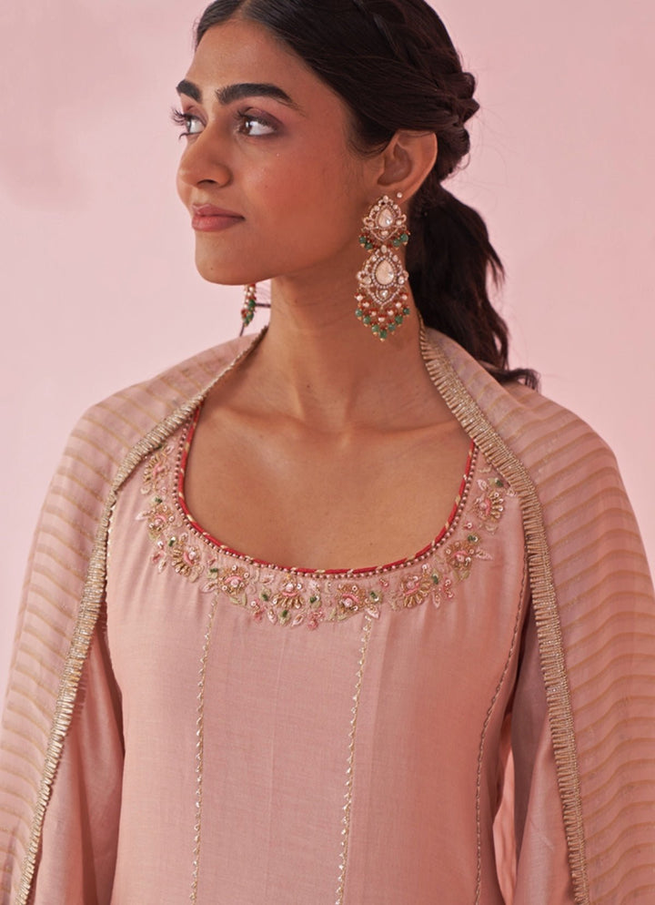 Blush Pink Chanderi Silk Embroidered Anarkali Pants Set Studio Bagechaa - Fabilicious Fashion