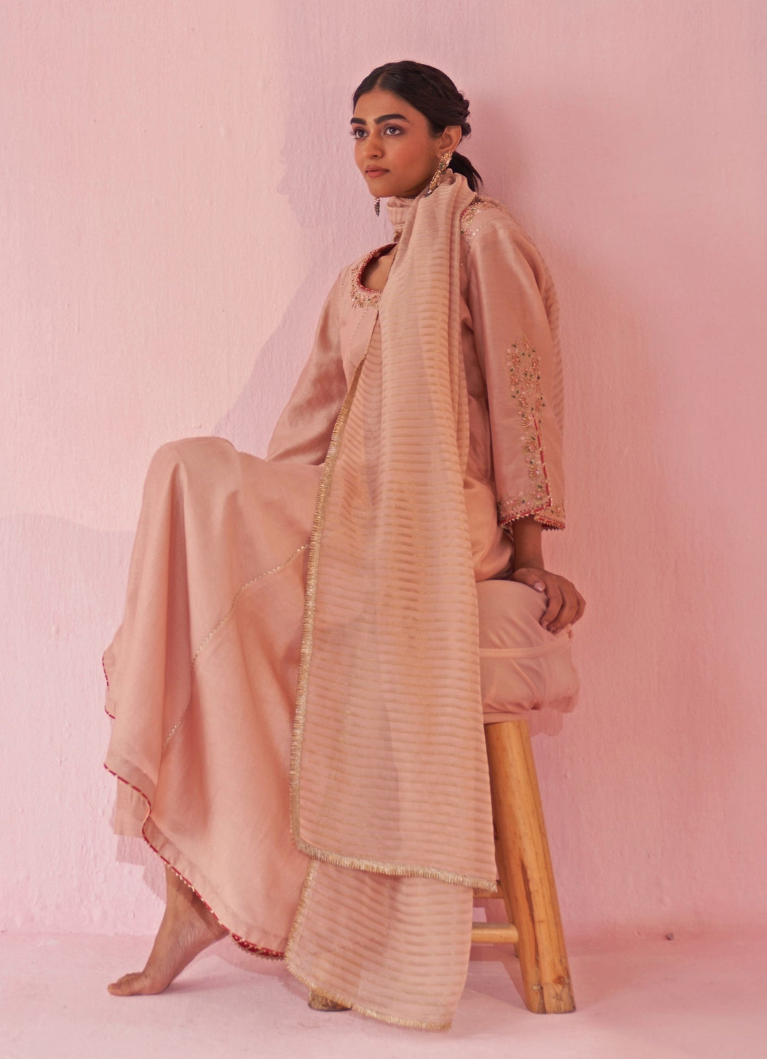 Blush Pink Chanderi Silk Embroidered Anarkali Pants Set Studio Bagechaa - Fabilicious Fashion