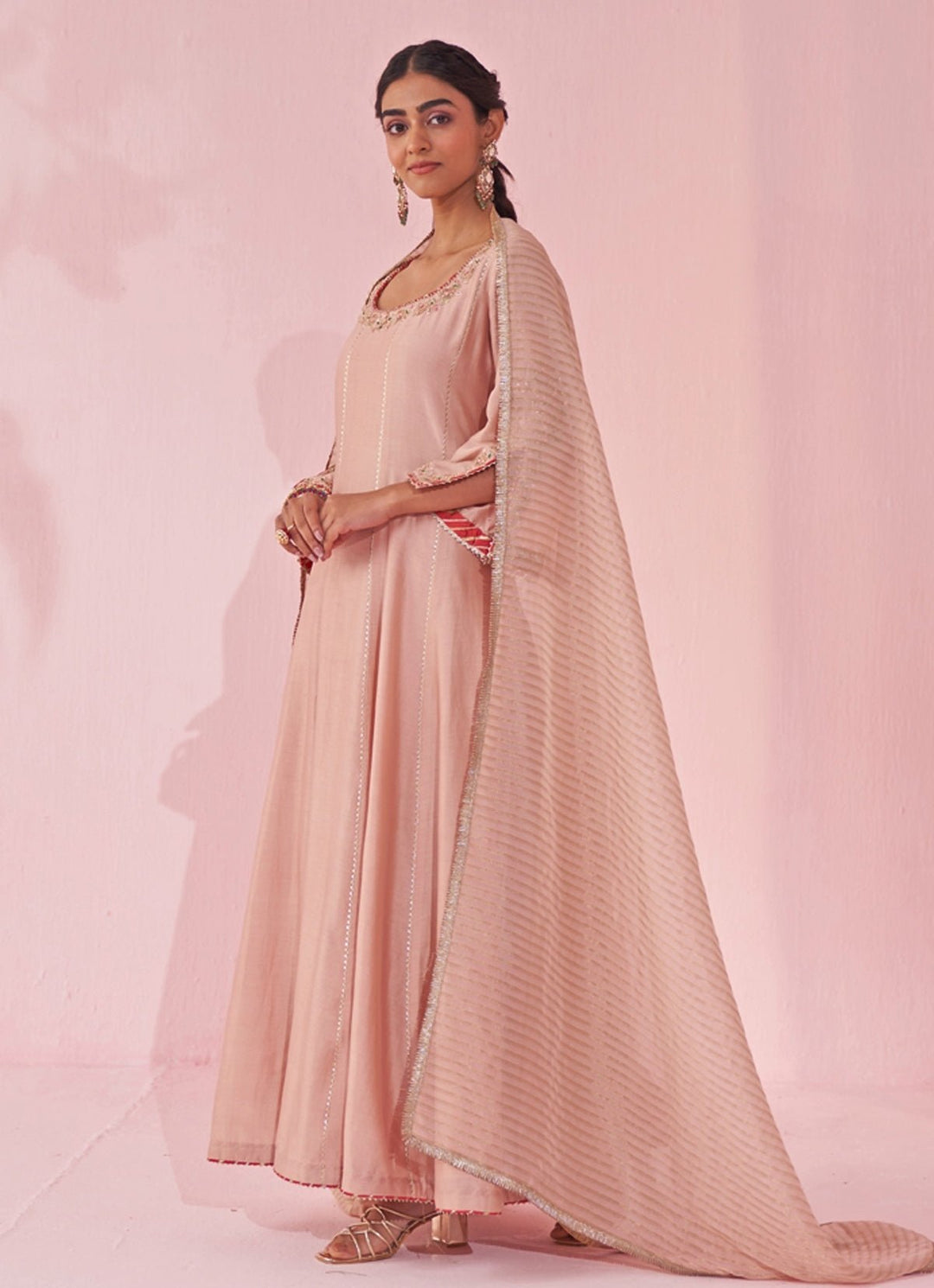 Blush Pink Chanderi Silk Embroidered Anarkali Pants Set Studio Bagechaa - Fabilicious Fashion