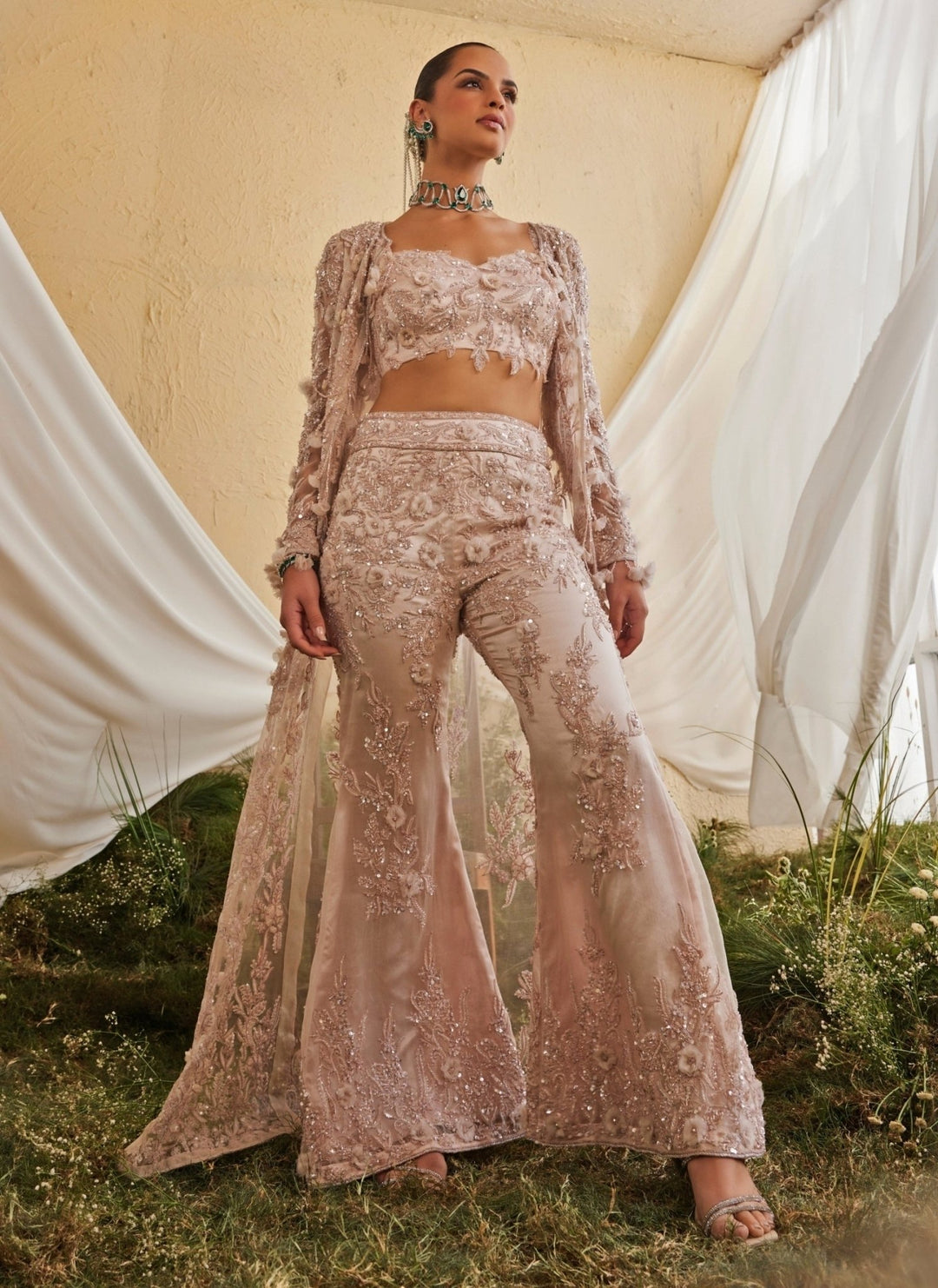 Mani Bhatia Blush Pink Crepe Blouse Sharara Set With JacketFabilicious Fashion