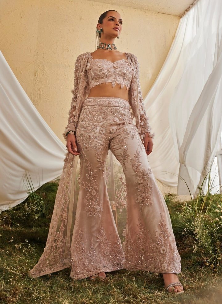 Mani Bhatia Blush Pink Crepe Blouse Sharara Set With JacketFabilicious Fashion