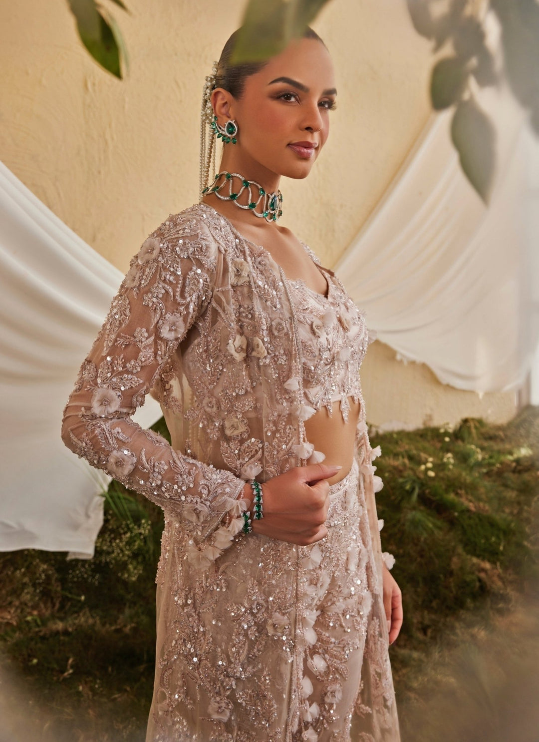 Mani Bhatia Blush Pink Crepe Blouse Sharara Set With JacketFabilicious Fashion