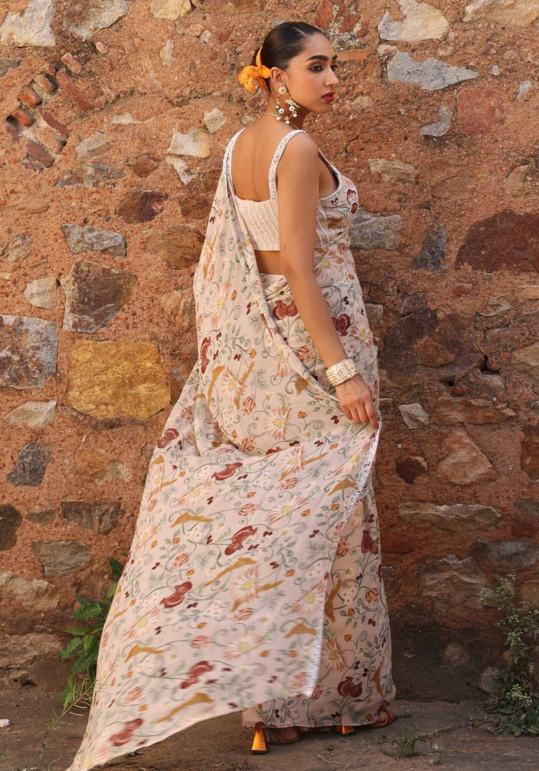 Blush Pink Draped Printed Saree Skirt Set Seema Thukral - Fabilicious Fashion