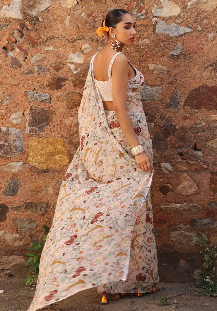 Blush Pink Draped Printed Saree Skirt Set Seema Thukral - Fabilicious Fashion