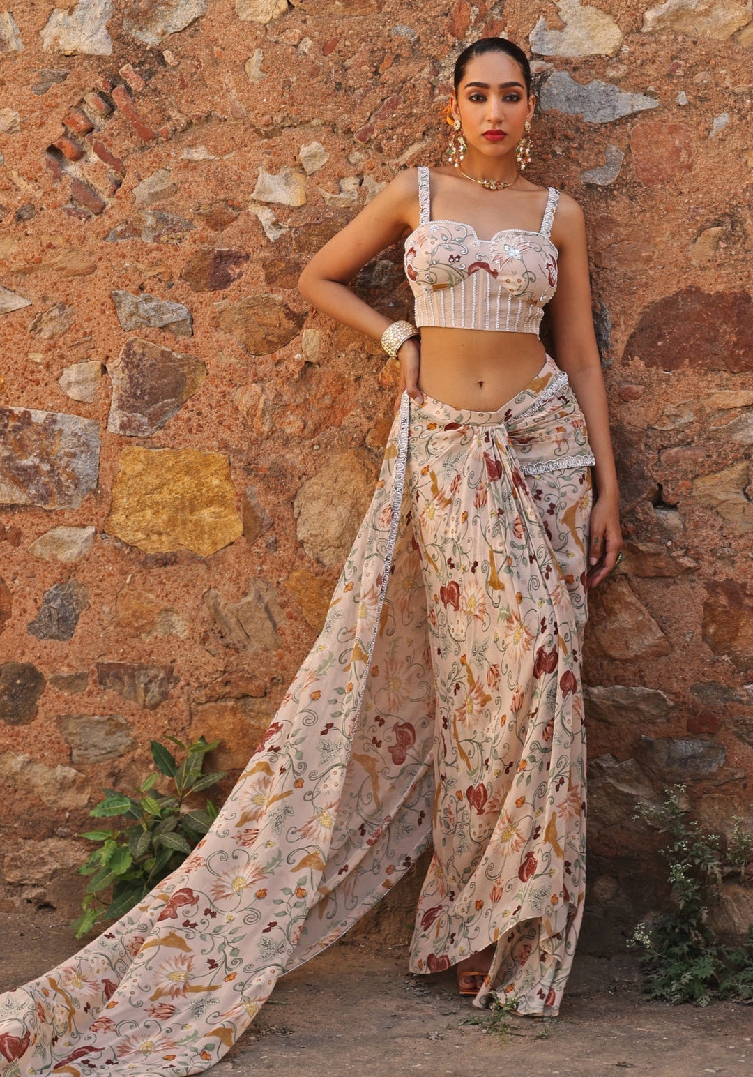 Blush Pink Draped Printed Saree Skirt Set Seema Thukral - Fabilicious Fashion