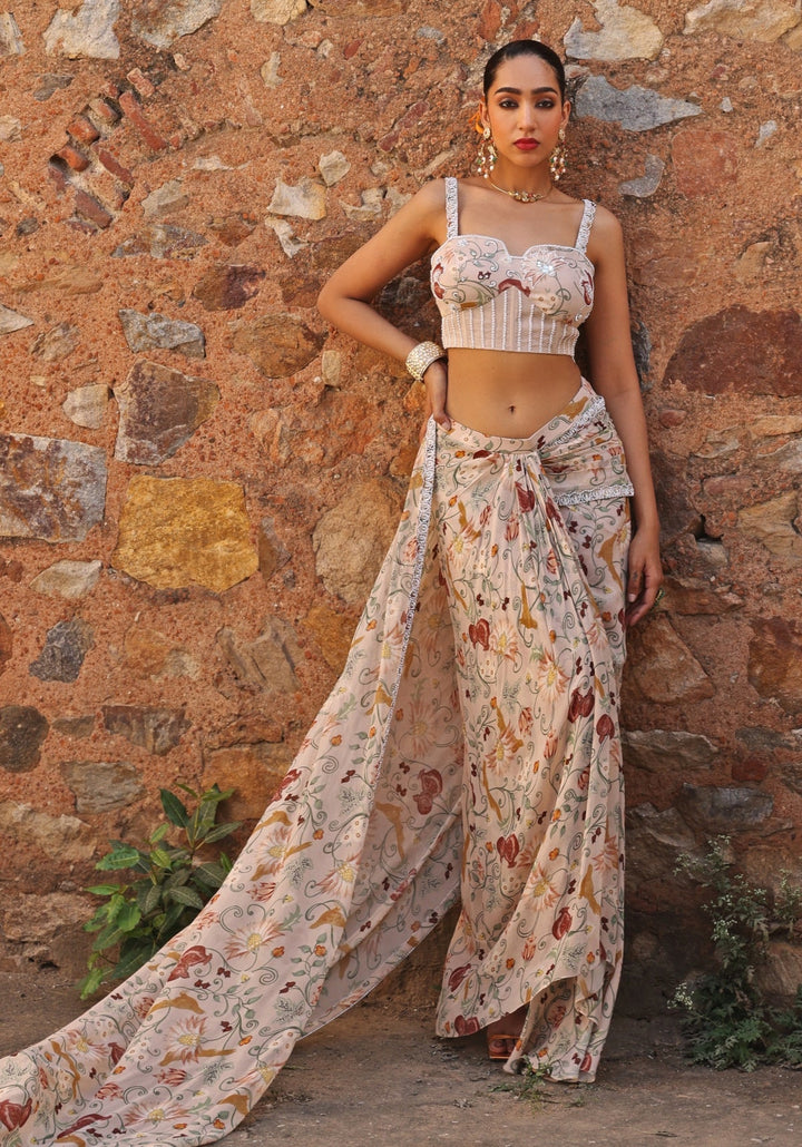 Blush Pink Draped Printed Saree Skirt Set Seema Thukral - Fabilicious Fashion