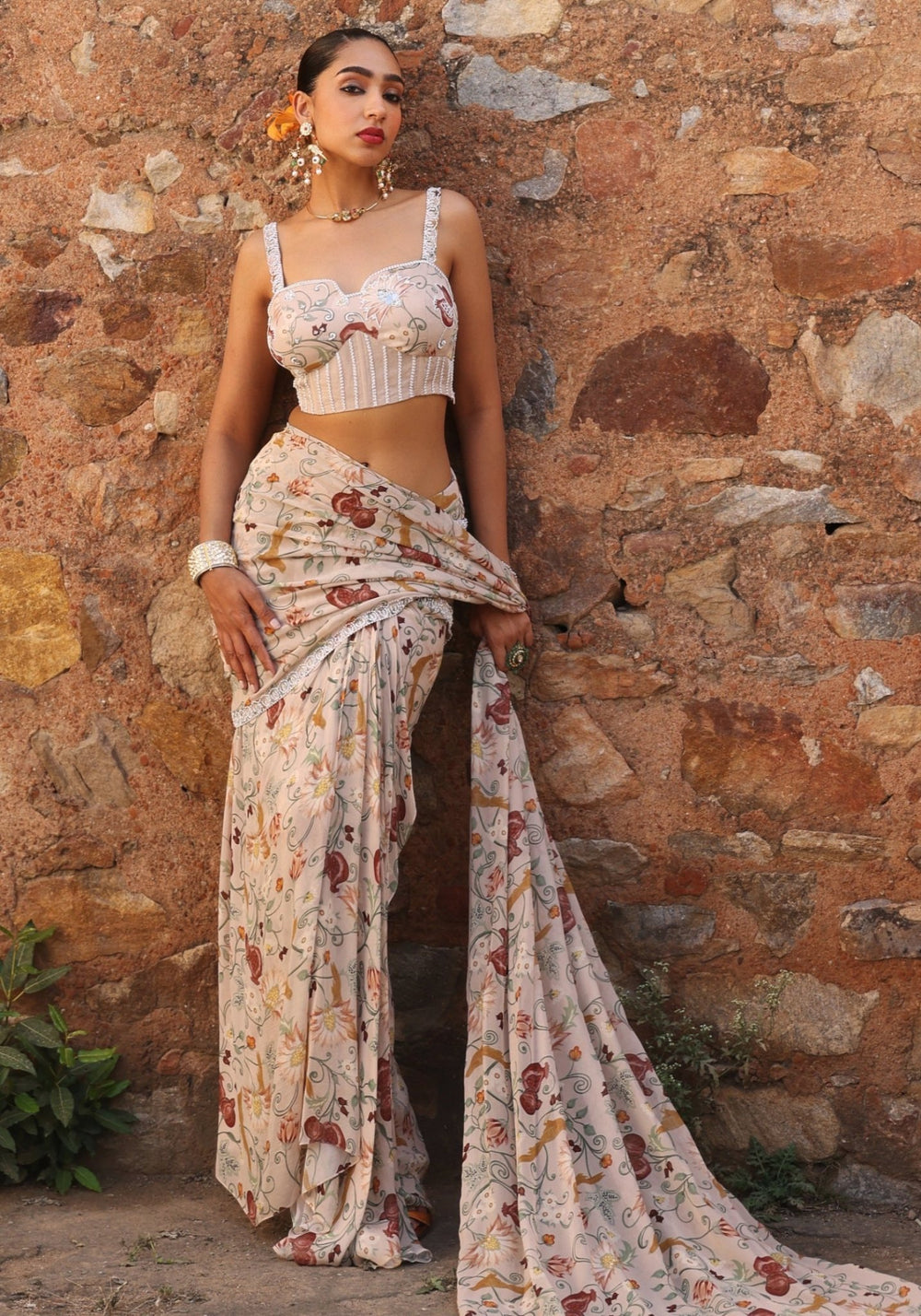 Blush Pink Draped Printed Saree Skirt Set Seema Thukral - Fabilicious Fashion