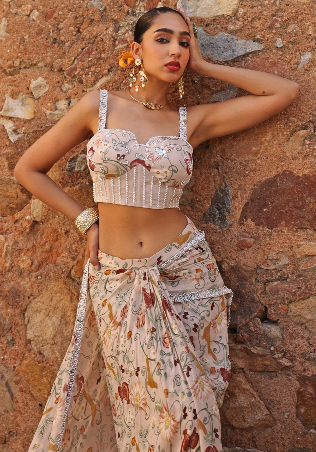 Blush Pink Draped Printed Saree Skirt Set Seema Thukral - Fabilicious Fashion