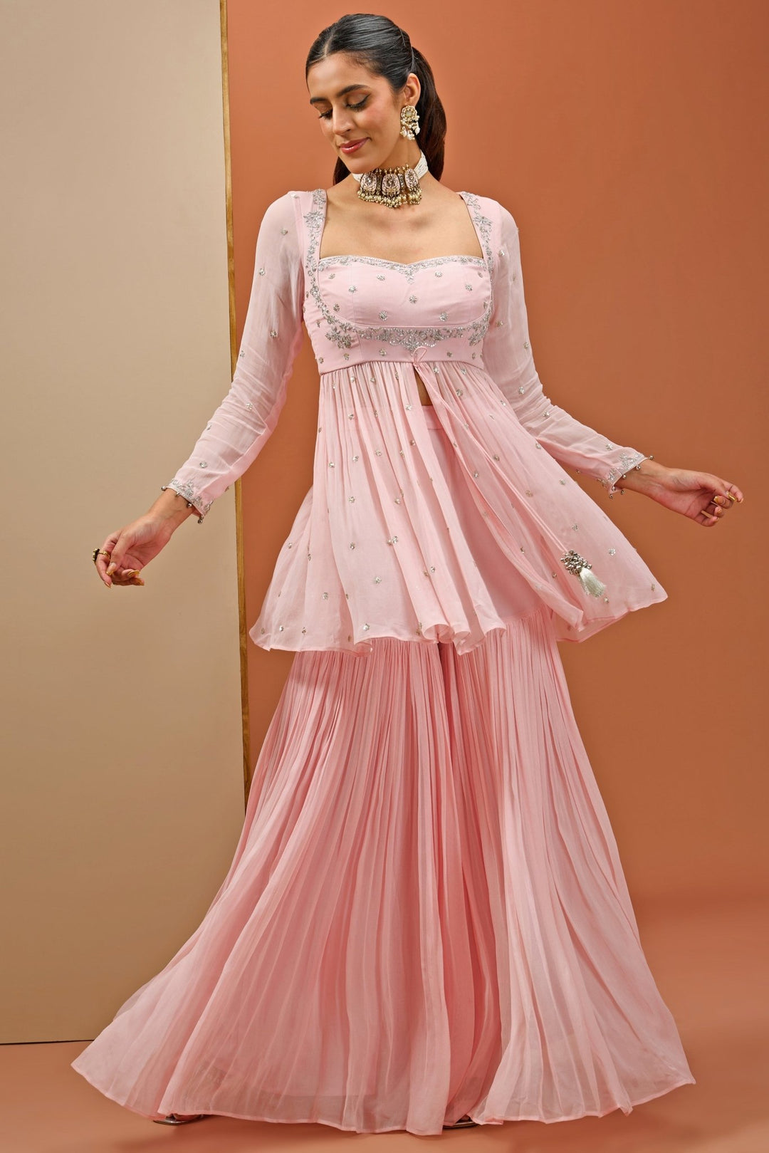 Blush Pink Embellished Georgette Peplum Top And Sharara Set Esha Koul - Fabilicious Fashion