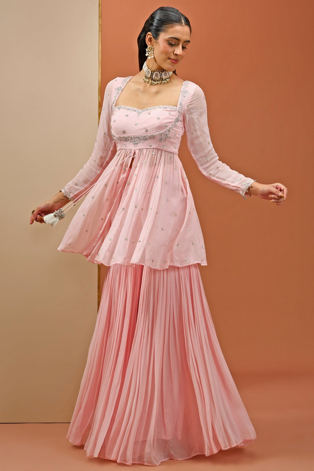 Blush Pink Embellished Georgette Peplum Top And Sharara Set Esha Koul - Fabilicious Fashion