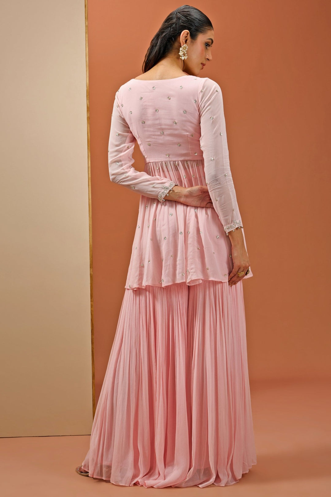 Blush Pink Embellished Georgette Peplum Top And Sharara Set Esha Koul - Fabilicious Fashion