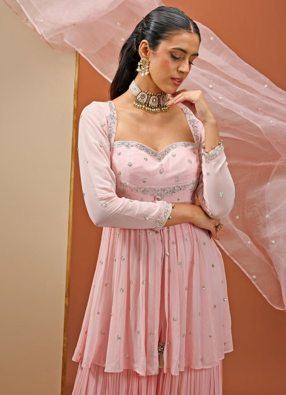 Blush Pink Embellished Georgette Peplum Top And Sharara Set Esha Koul - Fabilicious Fashion
