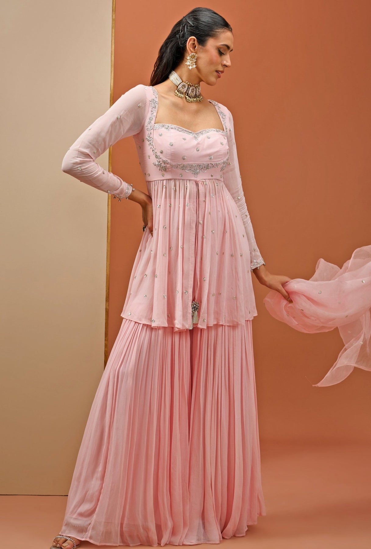 georgette peplum dress White Georgette Peplum Kurta Sharara Set With Beads And Sequins