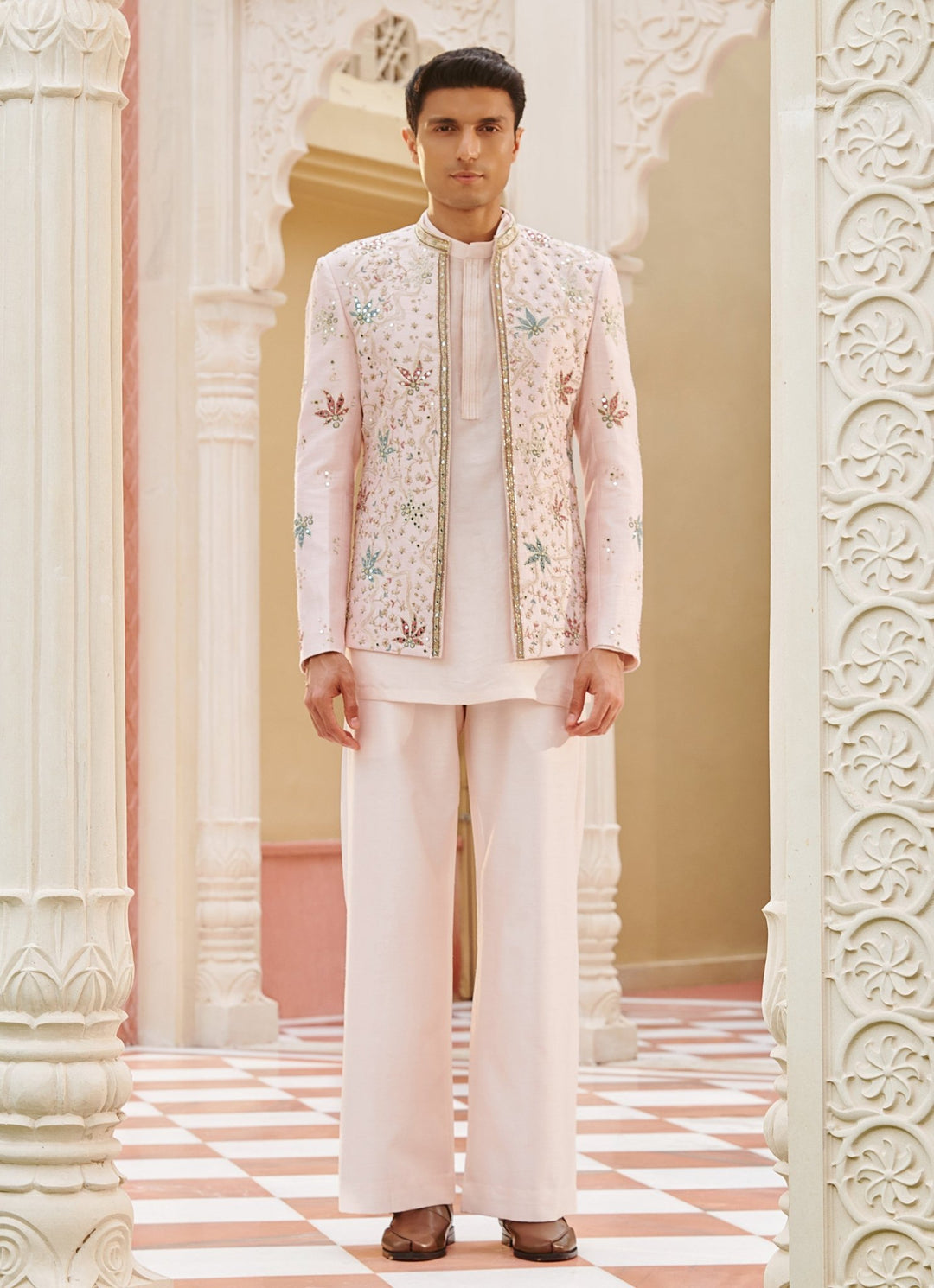 Blush Pink Embroidered Bandhgala Jacket Set Contrast By Parth - Fabilicious Fashion