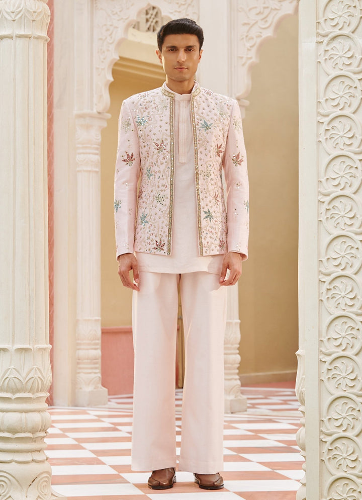 Blush Pink Embroidered Bandhgala Jacket Set Contrast By Parth - Fabilicious Fashion