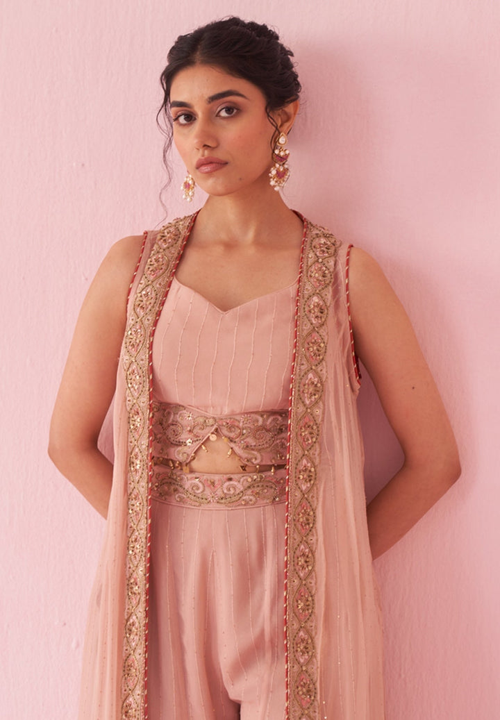 Blush Pink Embroidered Blouse Sharara Set With Cape Studio Bagechaa - Fabilicious Fashion