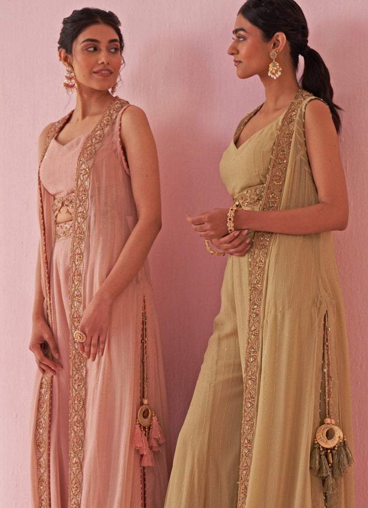 Blush Pink Embroidered Blouse Sharara Set With Cape Studio Bagechaa - Fabilicious Fashion