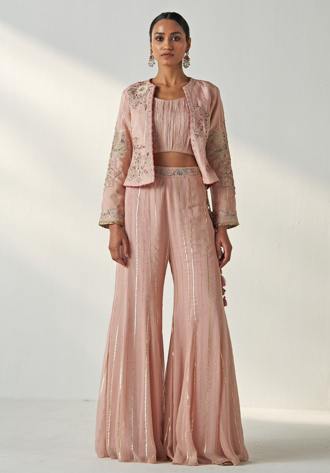 Blush Pink Embroidered Blouse Sharara Set With Jacket Studio Bagechaa - Fabilicious Fashion
