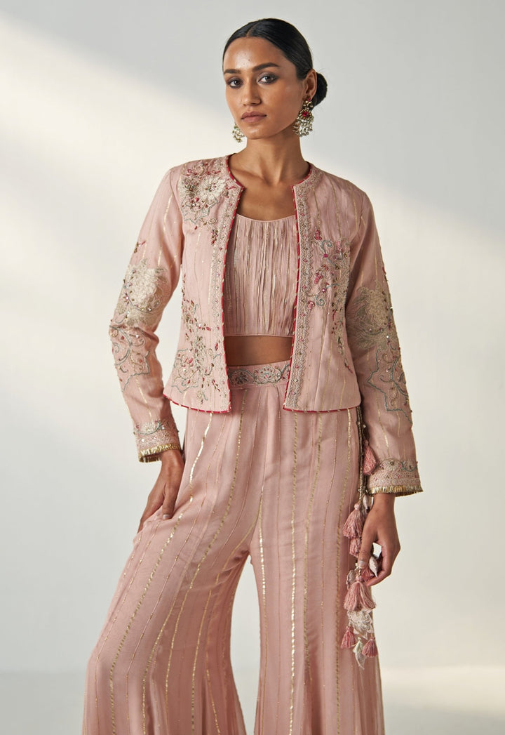 Blush Pink Embroidered Blouse Sharara Set With Jacket Studio Bagechaa - Fabilicious Fashion