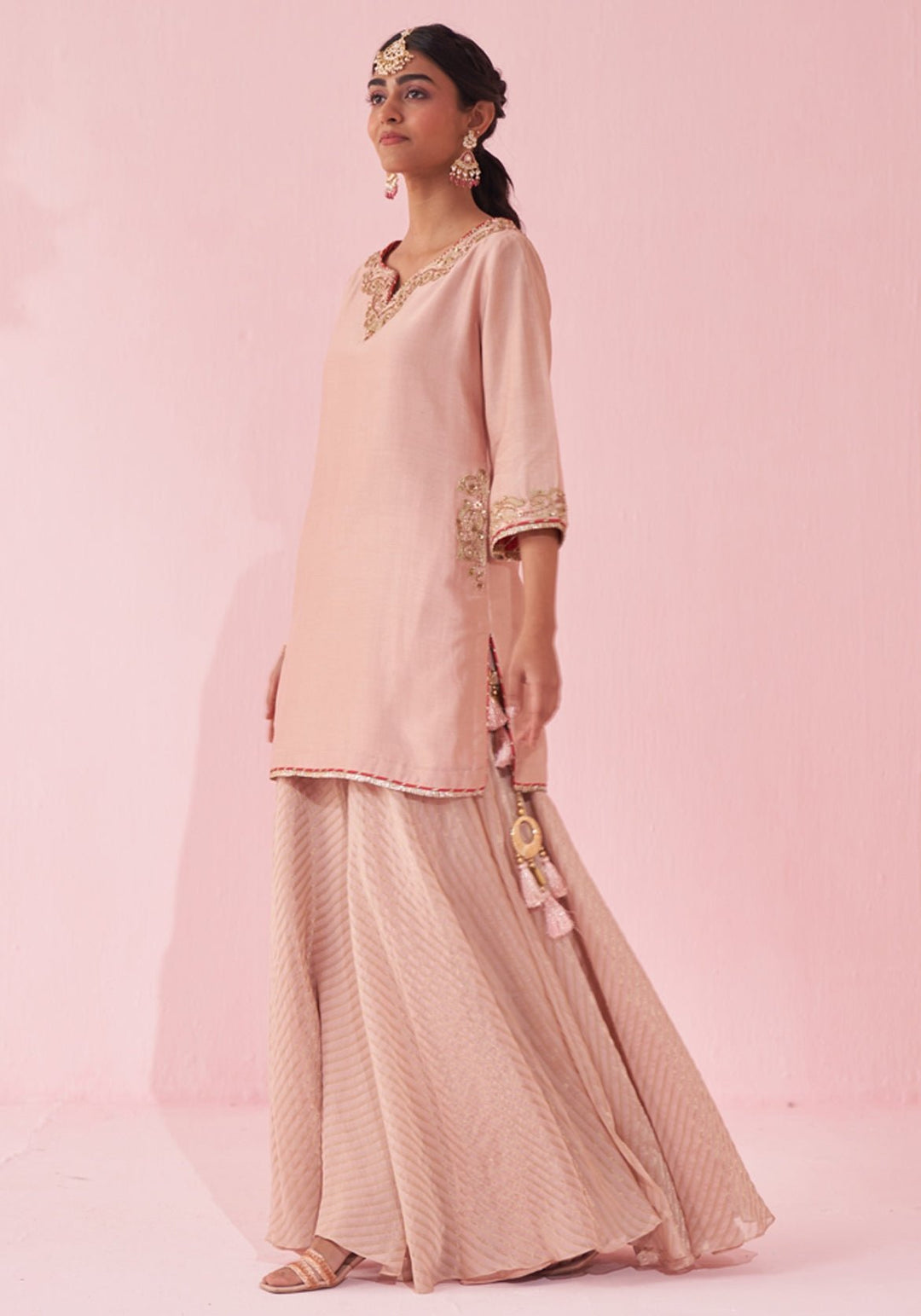Blush Pink Embroidered Chanderi Kurta Sharara Set Studio Bagechaa - Fabilicious Fashion