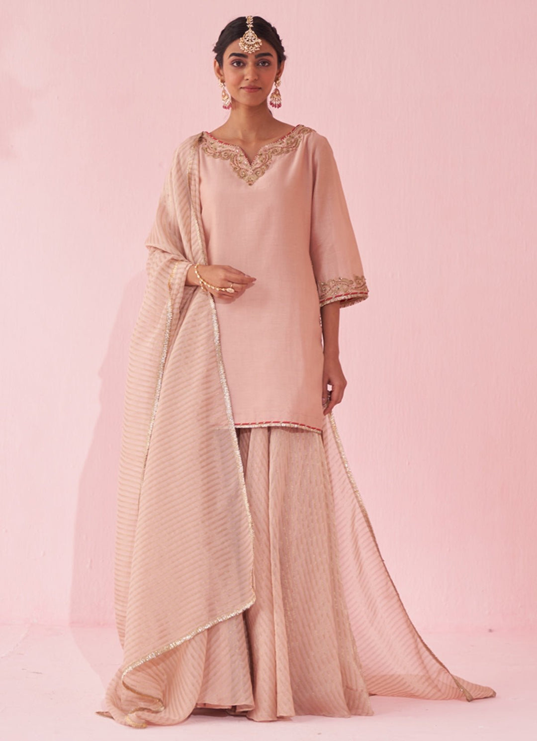 Blush Pink Embroidered Chanderi Kurta Sharara Set Studio Bagechaa - Fabilicious Fashion