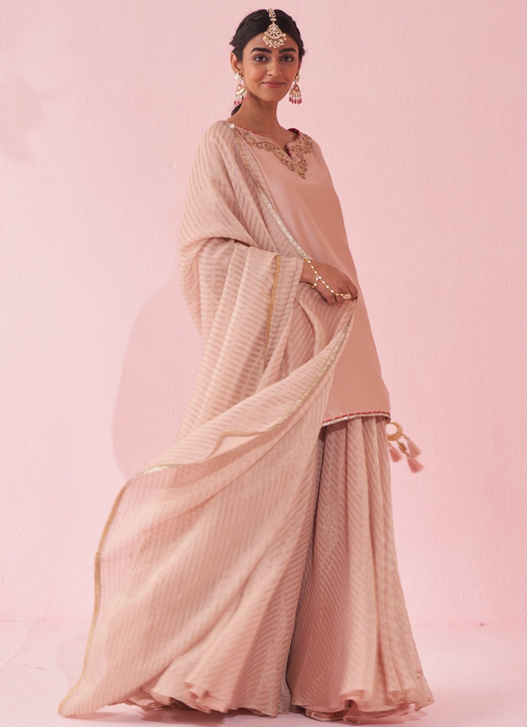Blush Pink Embroidered Chanderi Kurta Sharara Set Studio Bagechaa - Fabilicious Fashion